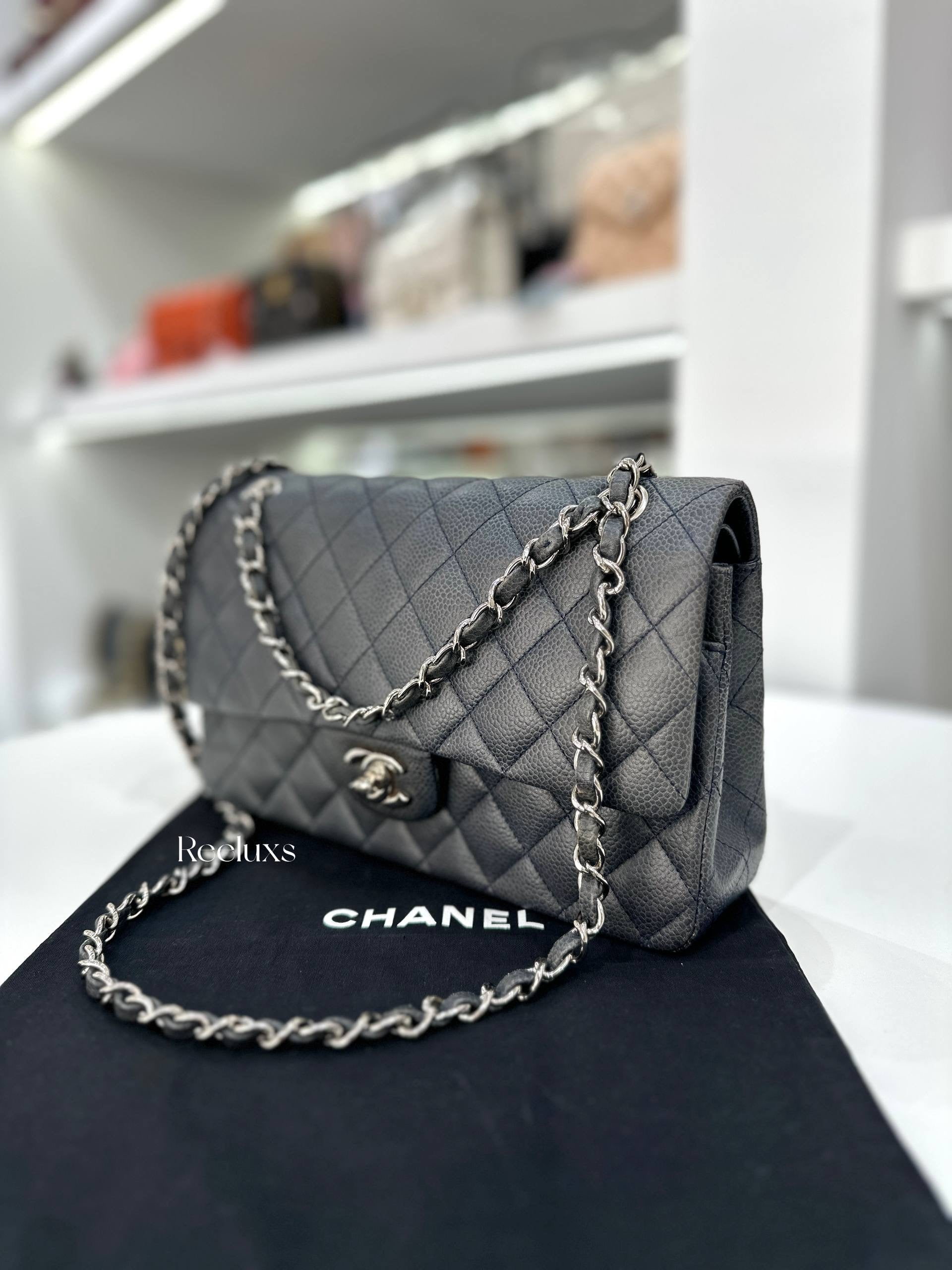 CHANEL Classic Flap Bag Grey Quilted Caviar SHW