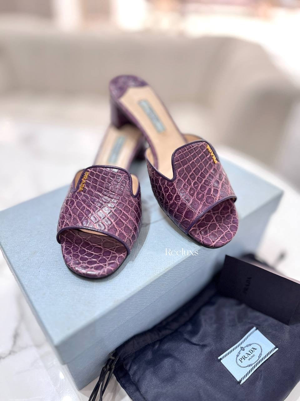 Prada Croc Embossed Leather Flat Sandals