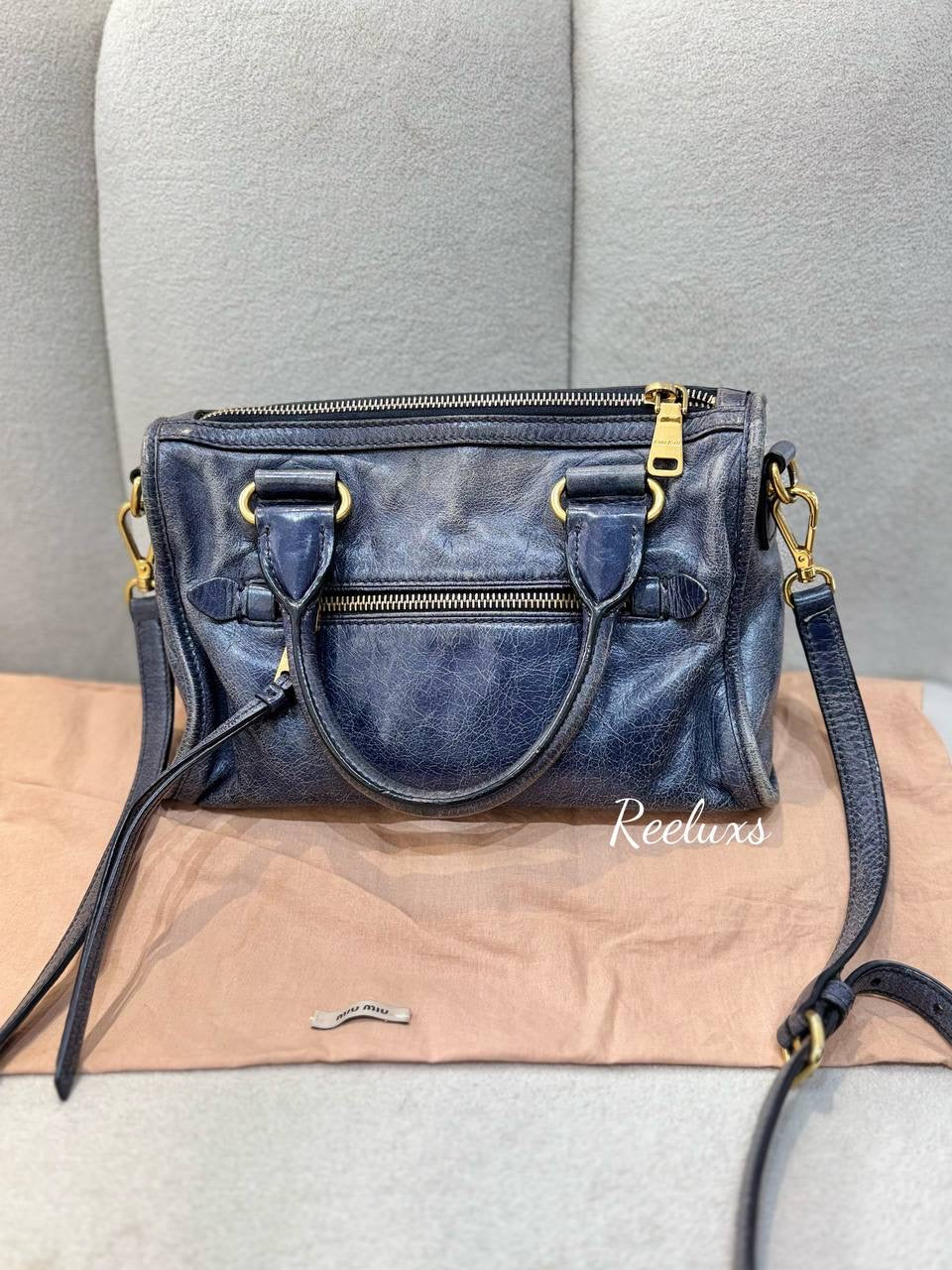 MIU MIU Blue Leather Vitello Hand & Crossbody Bag For Lady