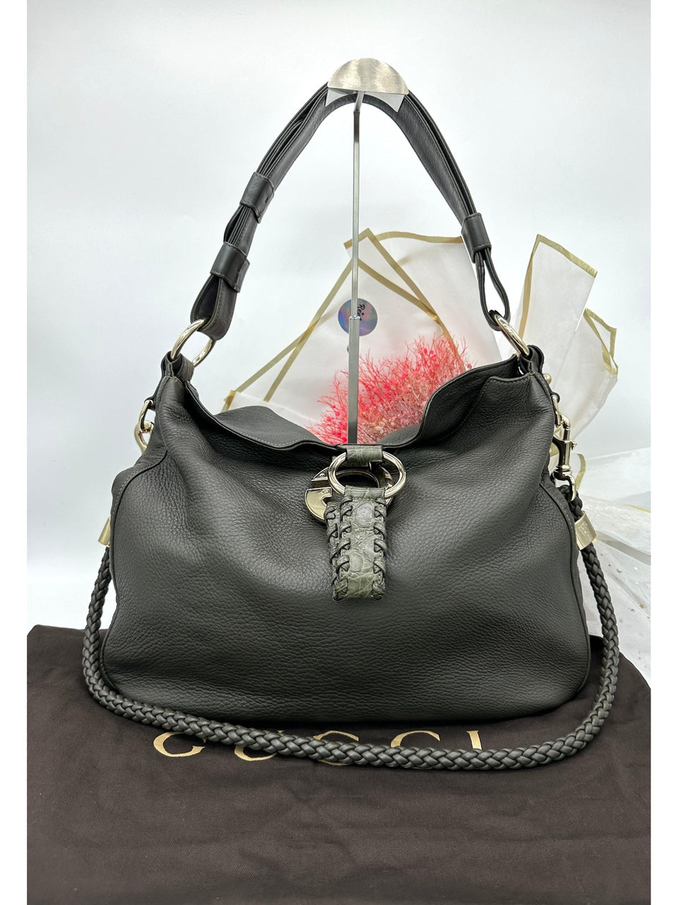 GUCCI Olive Green Alligator Trimmed Hobo Bag - Reeluxs 