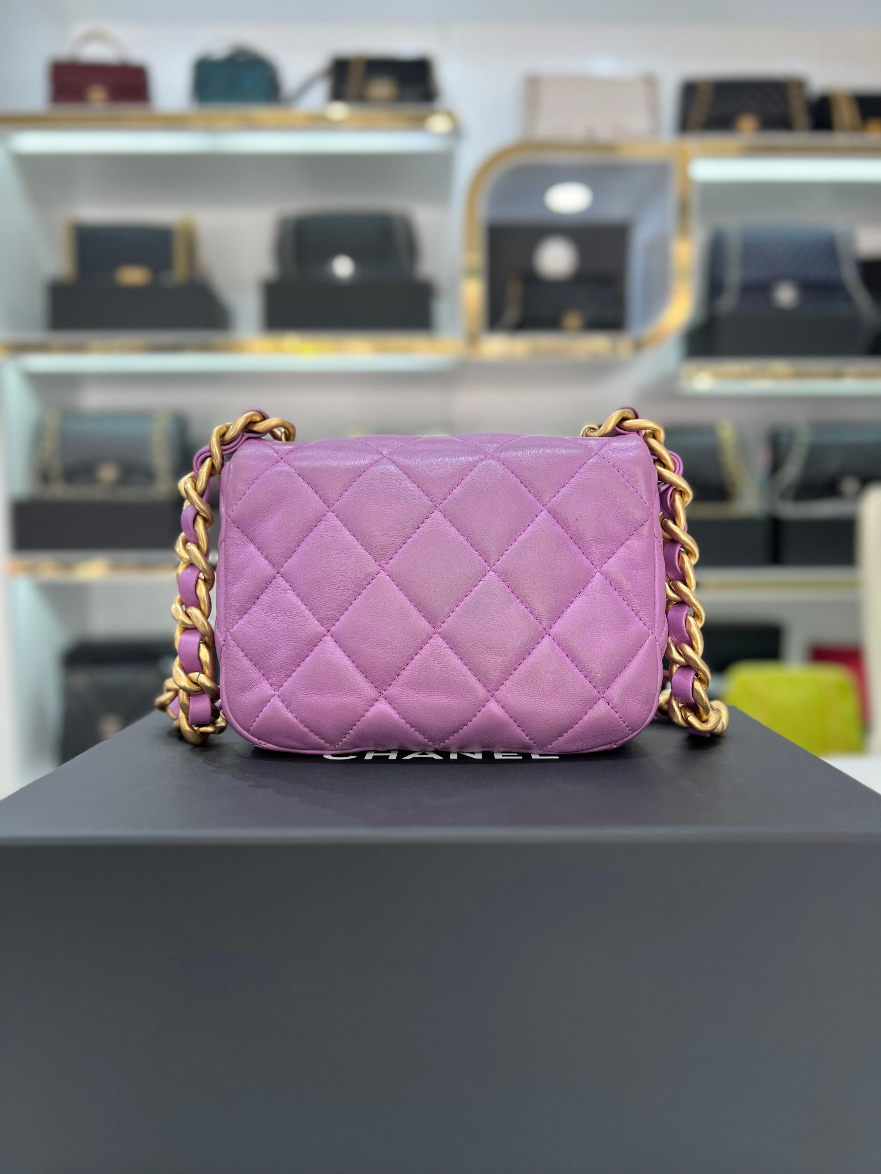 Full Set Microchip CHANEL Lambskin Quilted Small Lacquered Chain Flap Purple Slingbag For Women - Reeluxs 