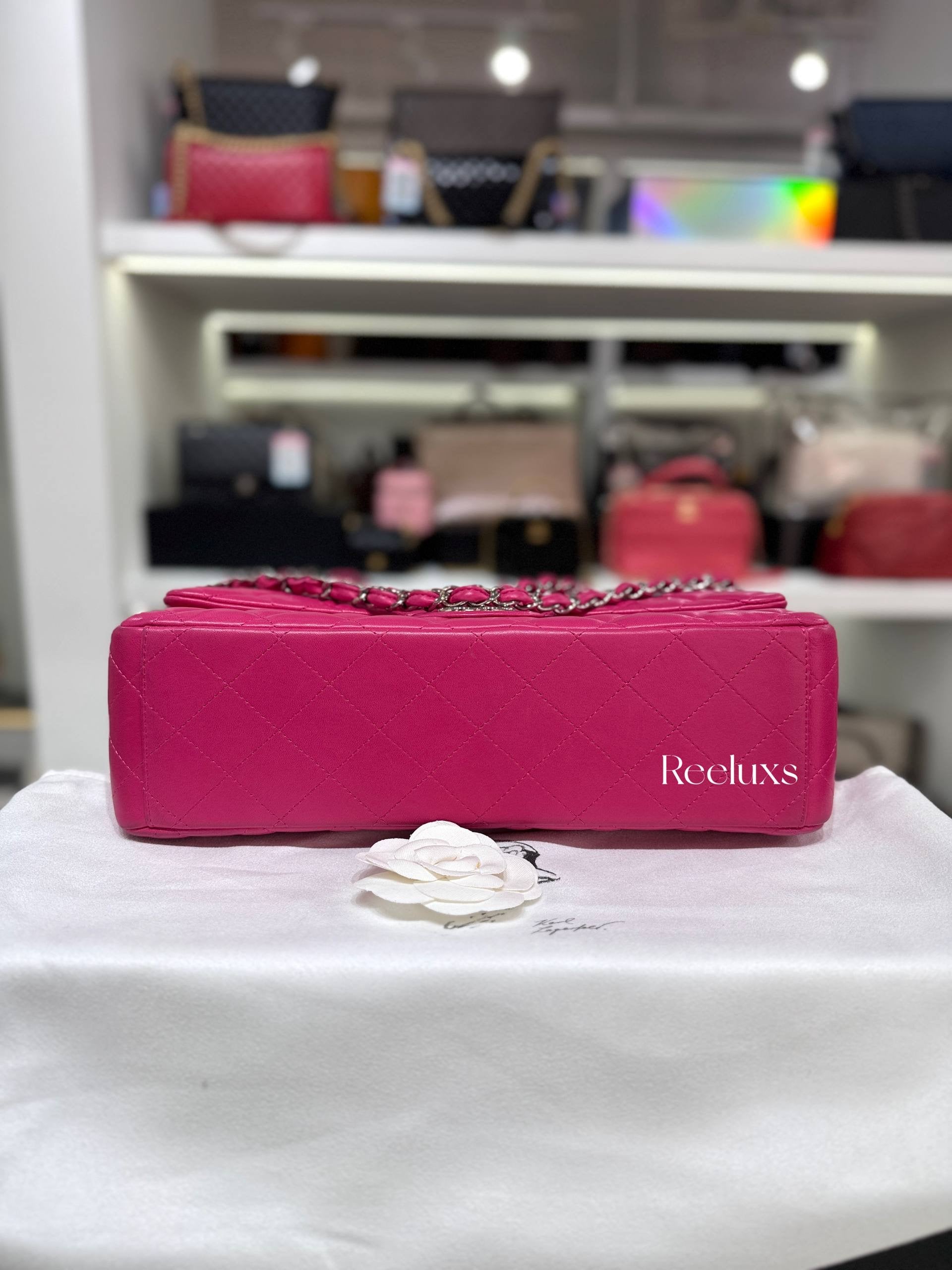 CHANEL Pink Quilted Lambskin Leather Classic Jumbo Double Flap Bag Full Set
