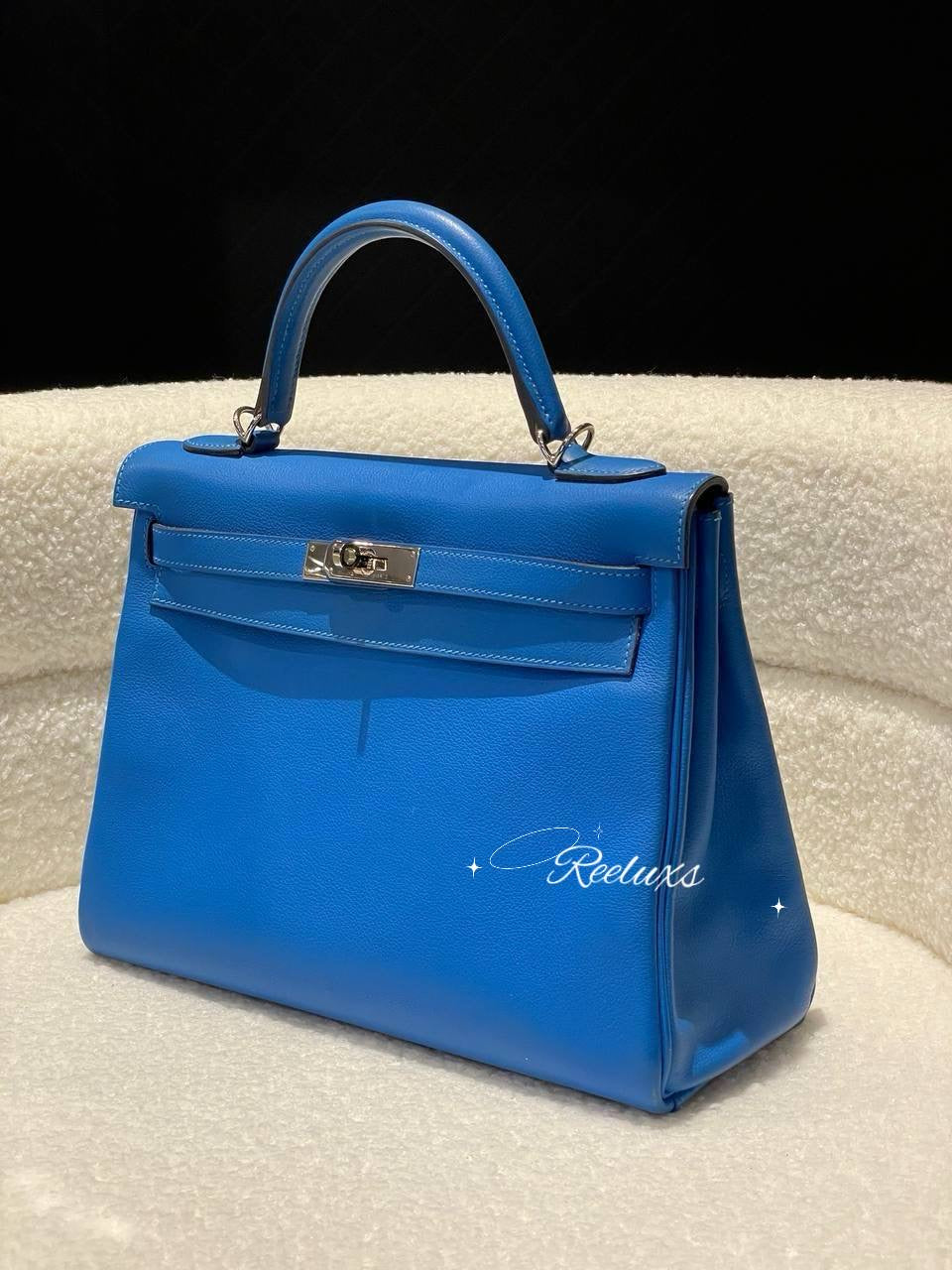 HERMES Kelly Handbag Blue Evercolor 32 With Palladium Hardware