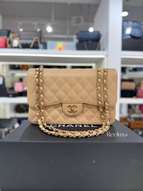 CHANEL Beige Quilted Caviar Leather  Jumbo Classic Double Flap Bag Full Set