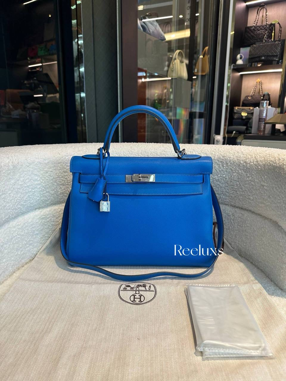 HERMES Kelly Handbag Blue Evercolor 32 With Palladium Hardware