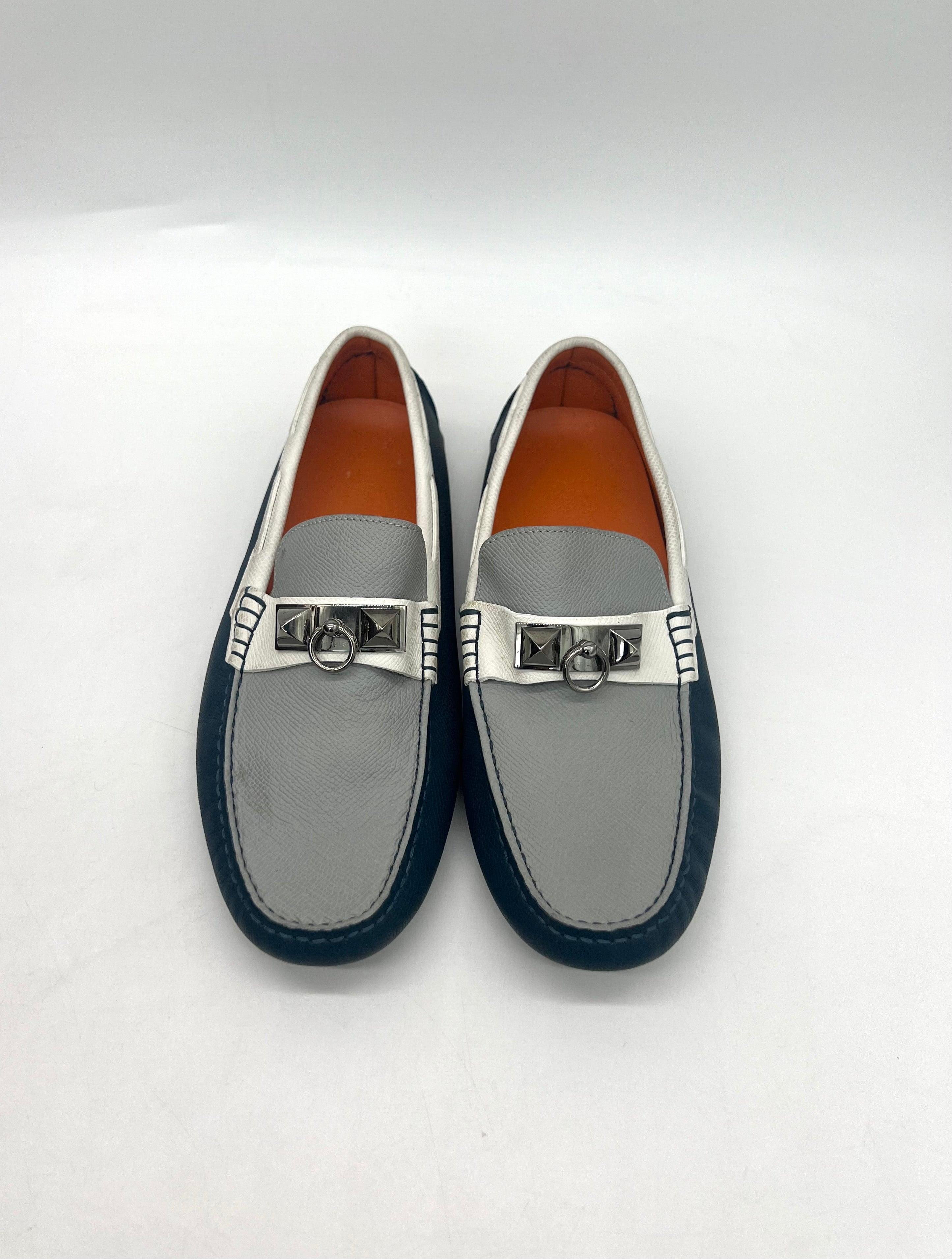 HERMES Epsom Mens Irving Driving Moccasin Loafers Bleu Glacier Blanc Colvert Size 40 - Reeluxs 