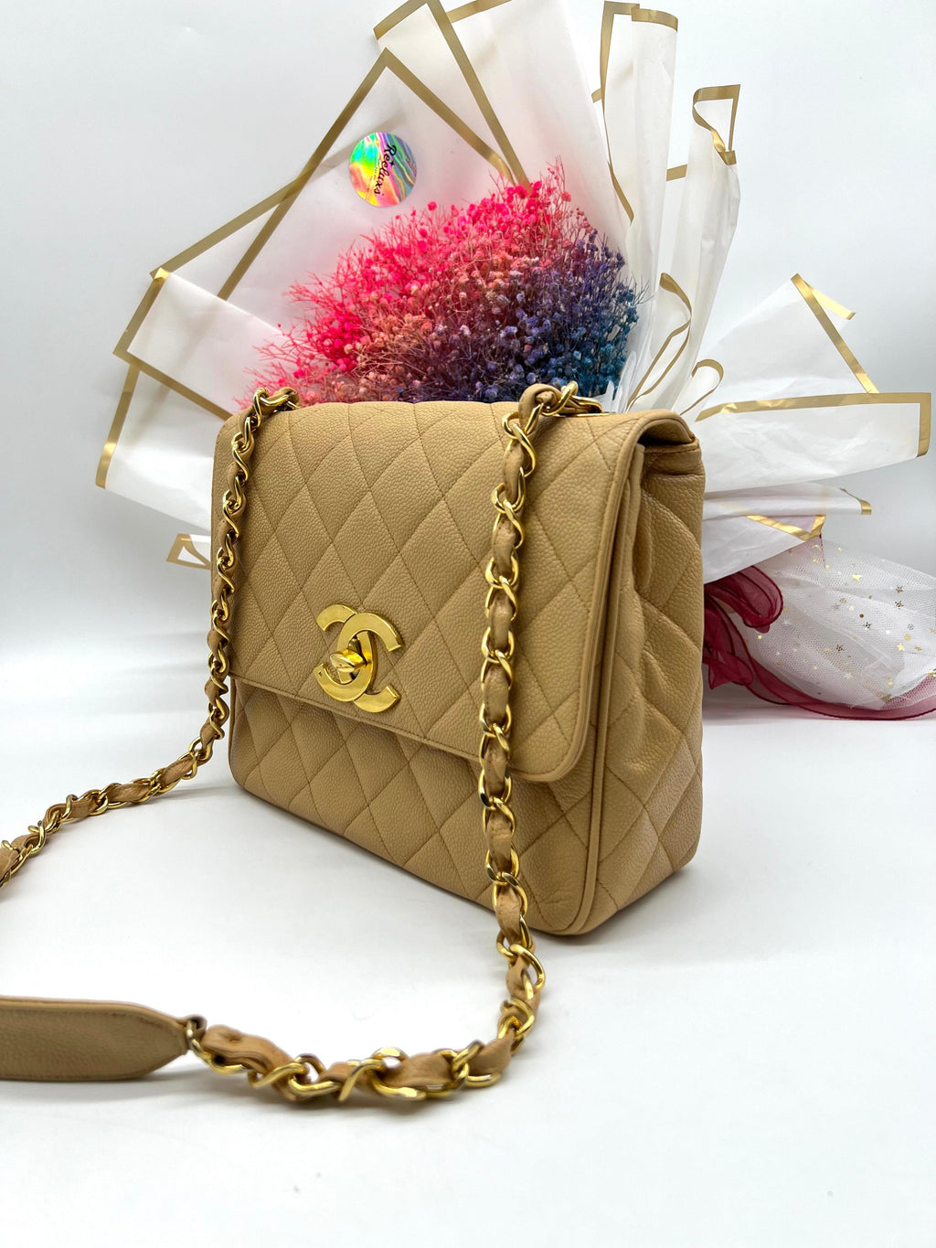 Chanel Vintage Beige Quilted Caviar Leather Shoulder Flap Bag Large CC Logo - Reeluxs 