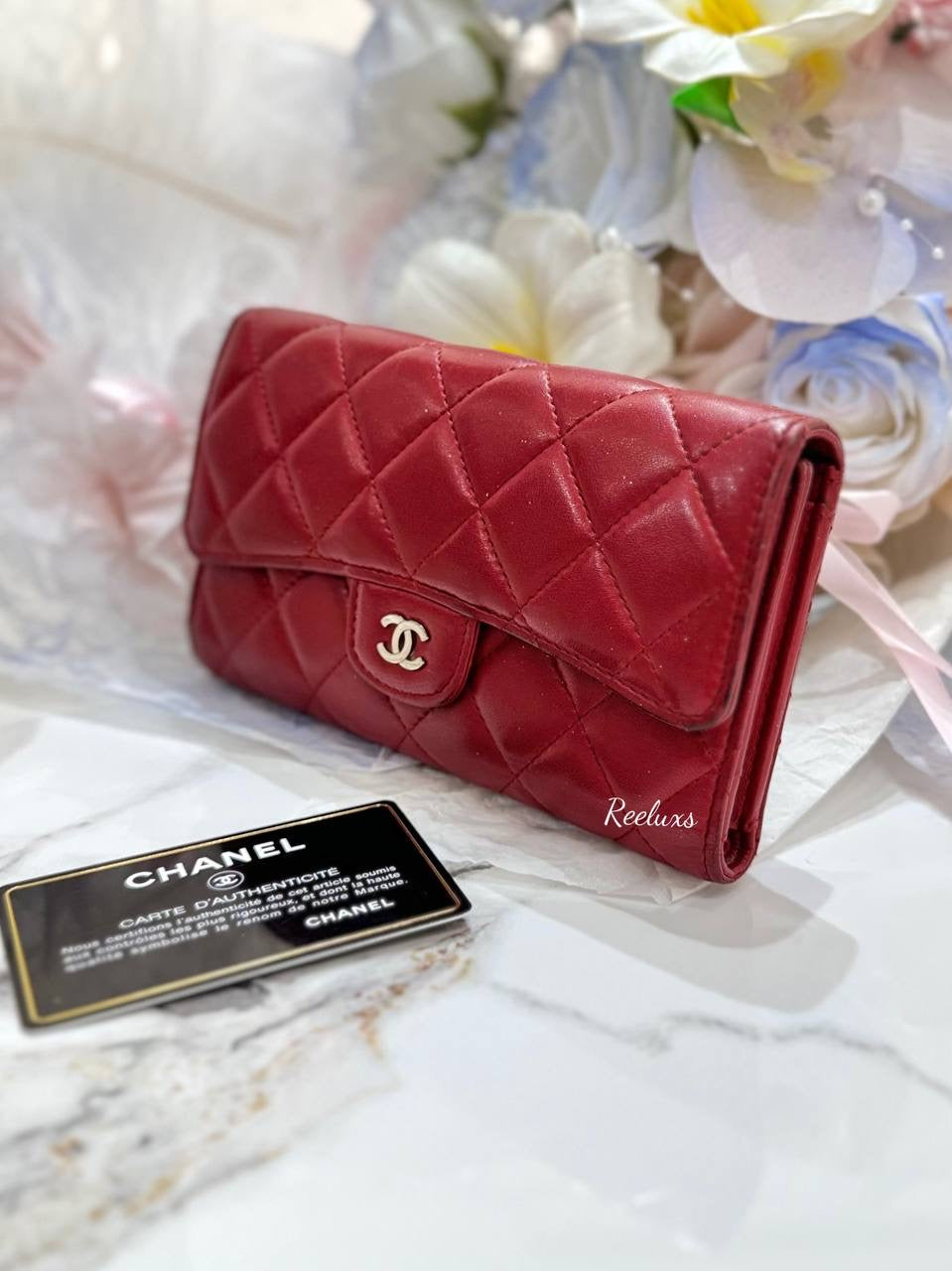 CHANEL Red Quilted  Leather Timeless/ Classique Flap Wallet