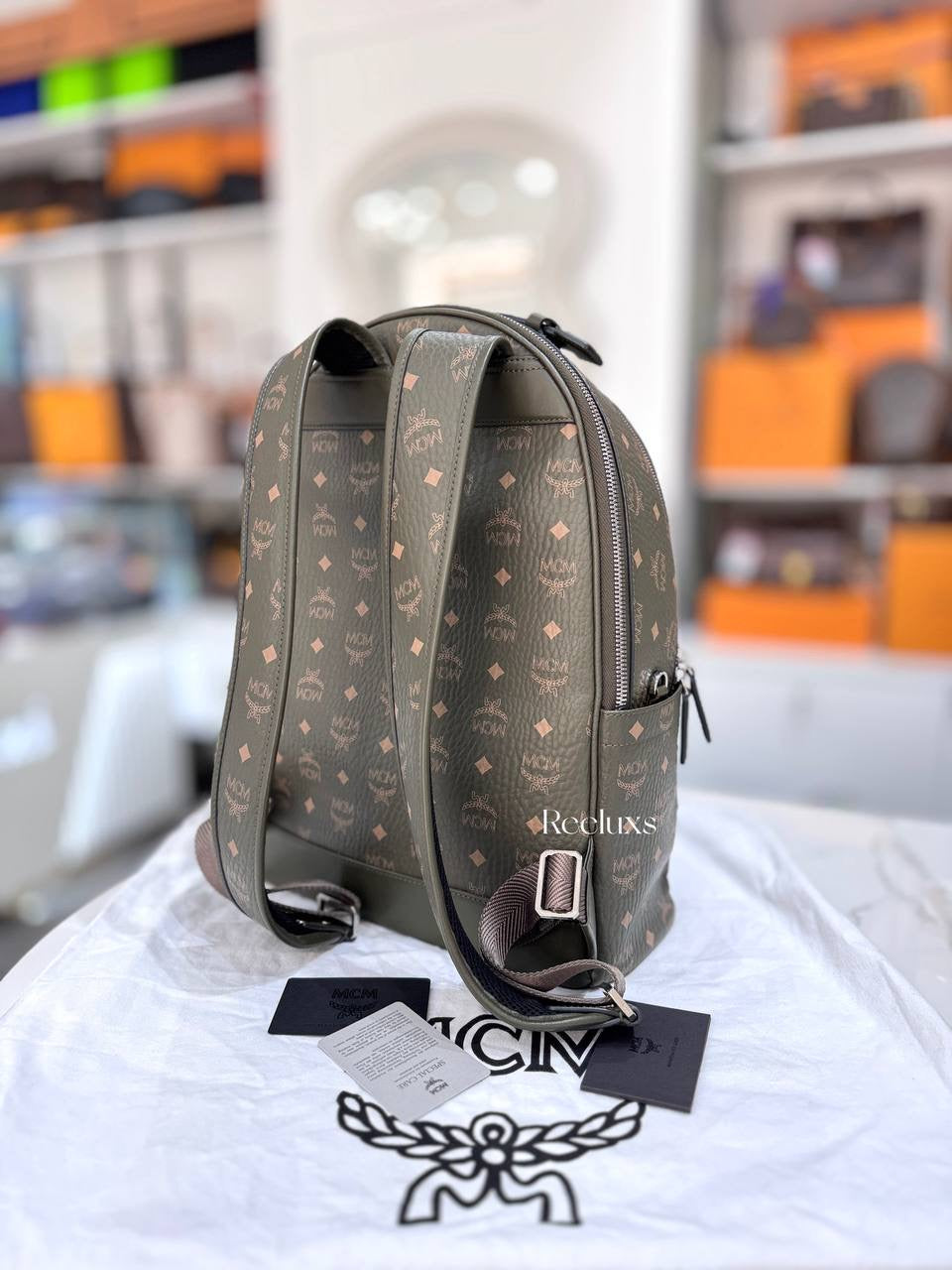 MCM Stark Visetos Backpack In Moss Green Color