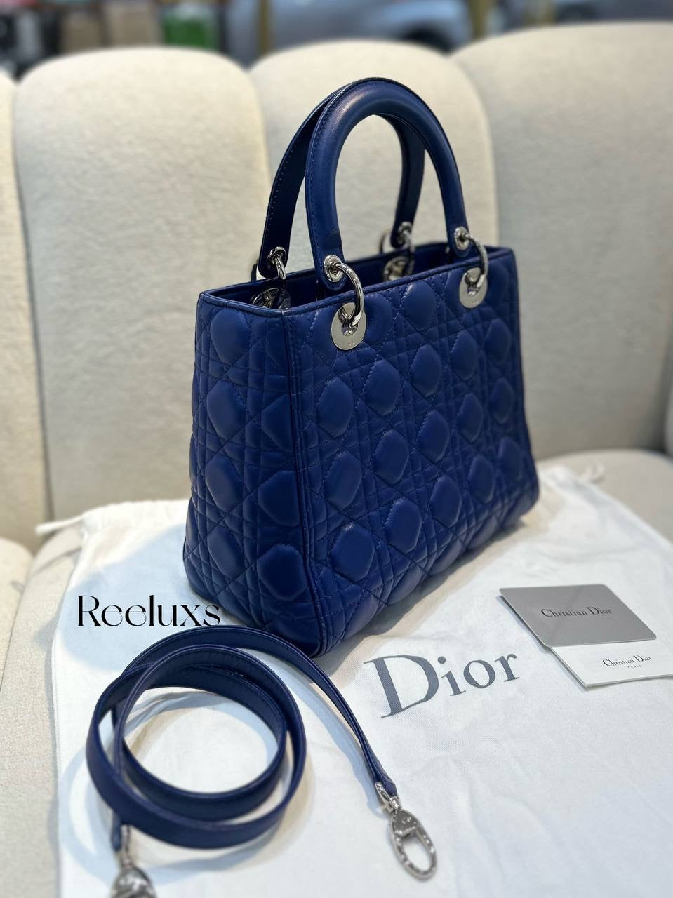 CHRISTIAN DIOR Blue Quilted Lambskin Medium Lady Dior Handbag