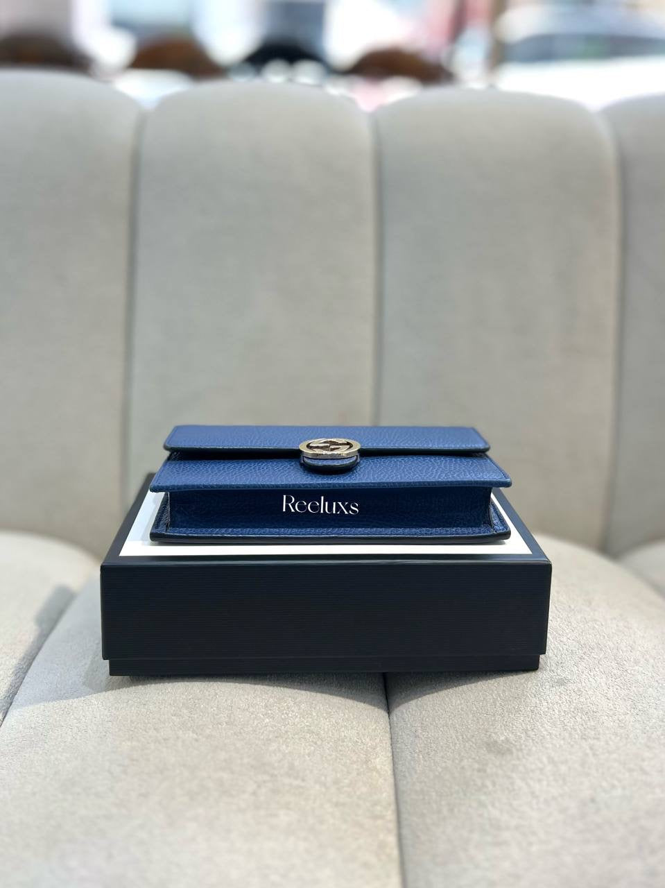 FullSet GUCCI Blue Leather Interlocking GG Wallet On Chain - WOC