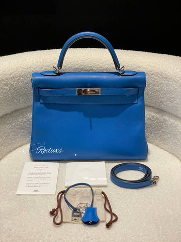 HERMES Kelly Handbag Blue Evercolor 32 With Palladium Hardware