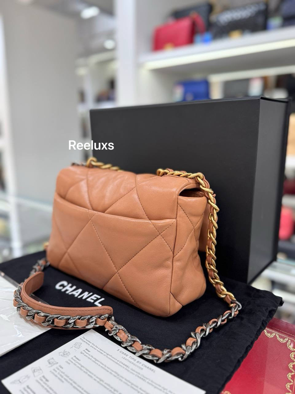 CHANEL 19 Flap Bag Caramel Shiny Lambskin Brown Fullset