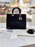 CHRISTIAN DIOR  Black Cannage Lamskin Large Lady Dior Handbag / Shoulder Bag