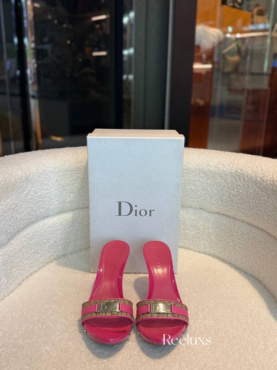 Dior Pink Leather and Beige Canvas Monogram Mules