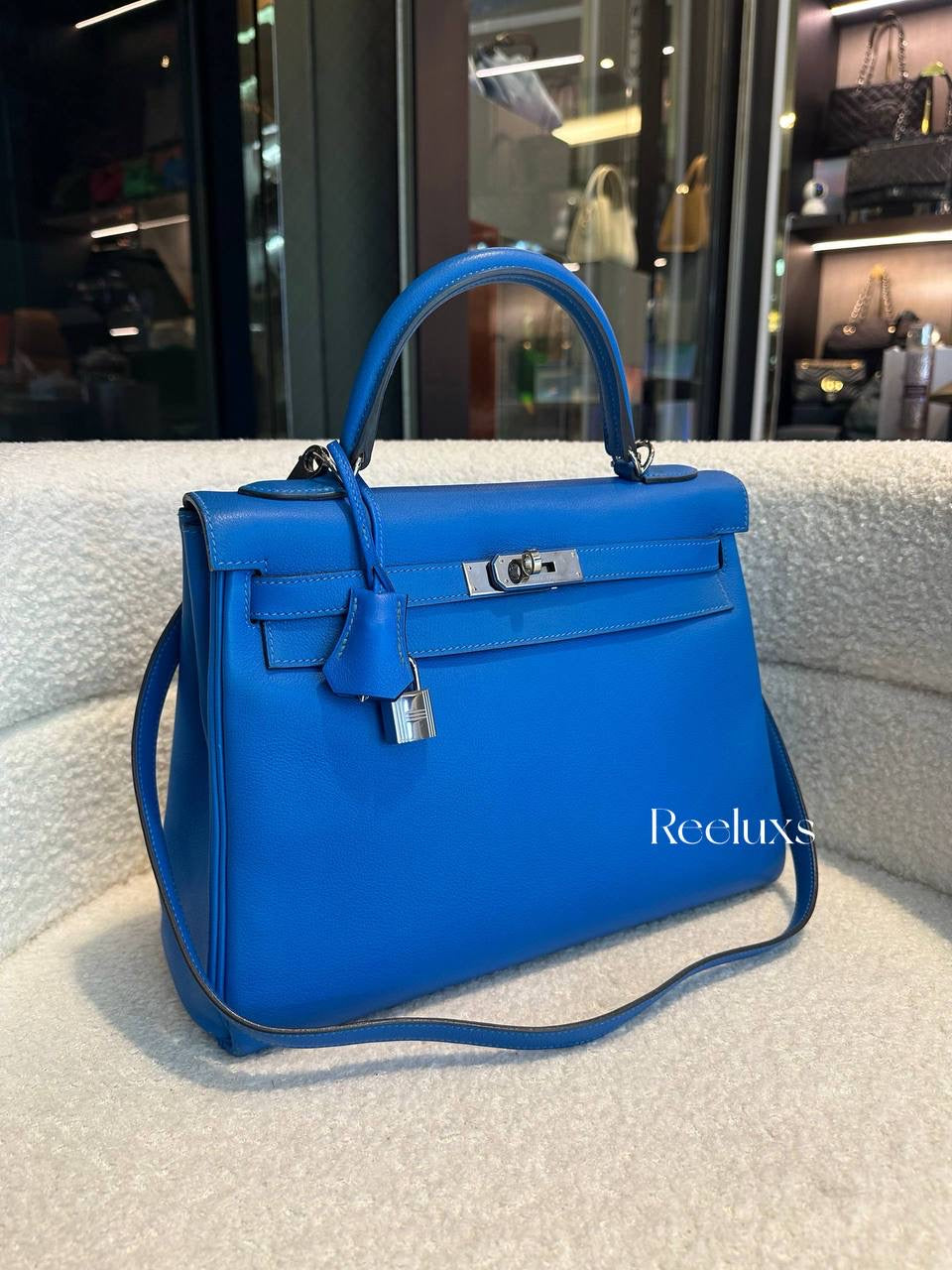 HERMES Kelly Handbag Blue Evercolor 32 With Palladium Hardware