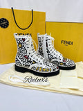 FENDI Mr Doodle Logo Graffiti Print Laced Combat Ankle Boot White