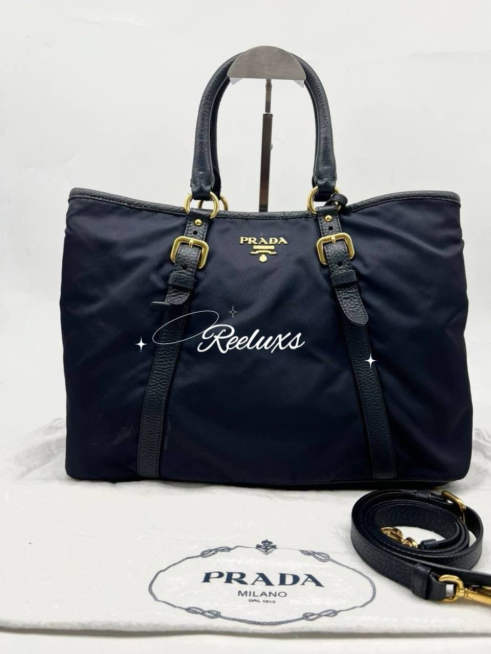 PRADA 2Way Bag Handbag Navy Nylon Leather