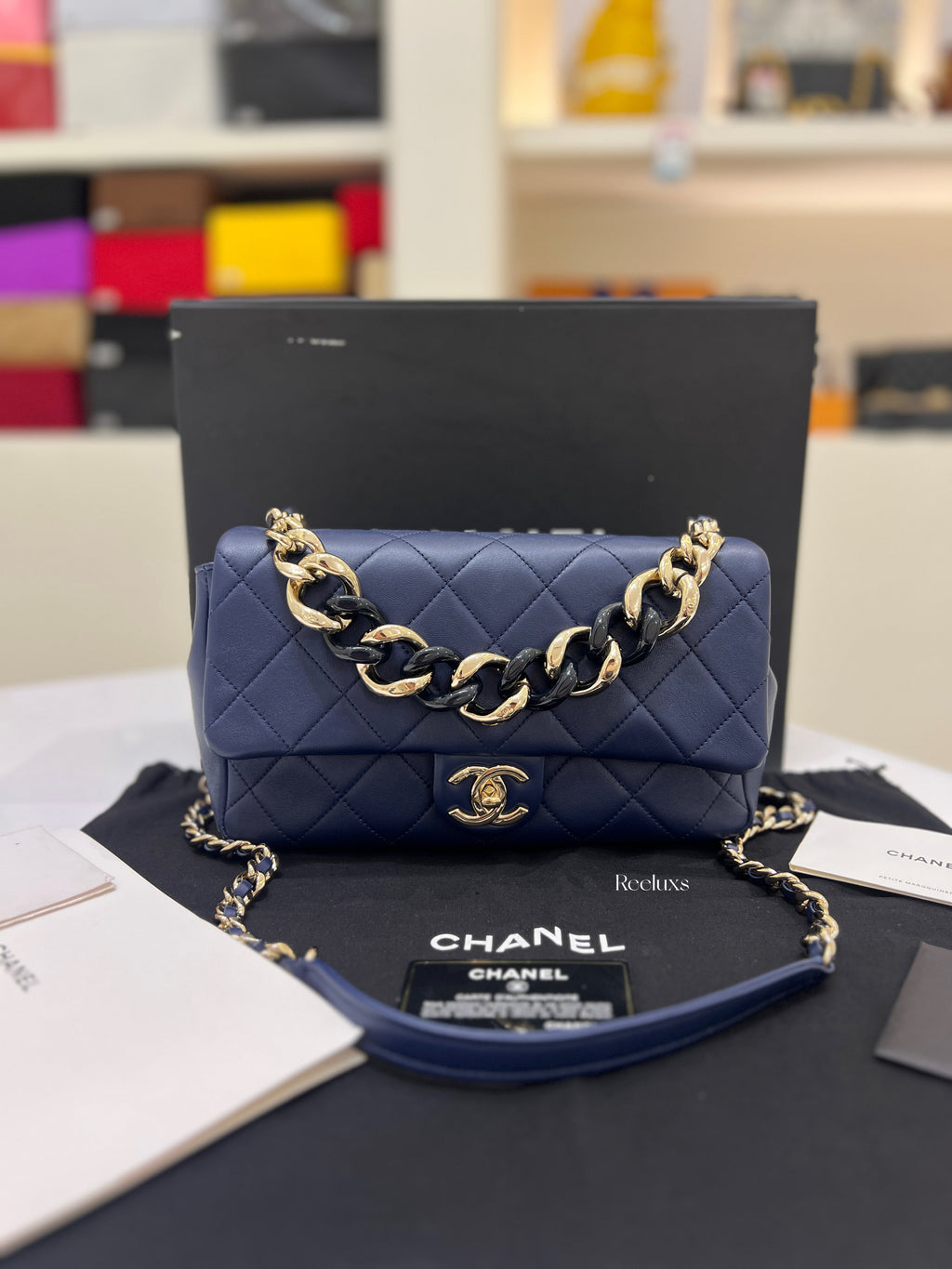 FULL SET CHANEL Resin Elegant Chain Flap Bag Quilted Lambskin Blue