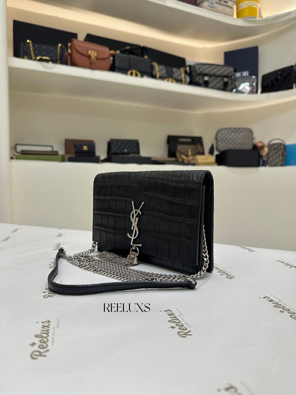 Saint Laurent YSL Kate Tassel Shoulder Bag (Croc-Embossed)