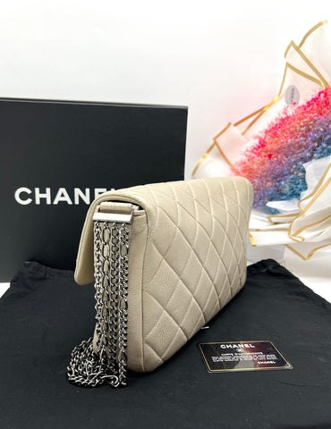 CHANEL Light Beige Grey Calfskin Single Flap Silver Hardware Shoulder Bag - Reeluxs 