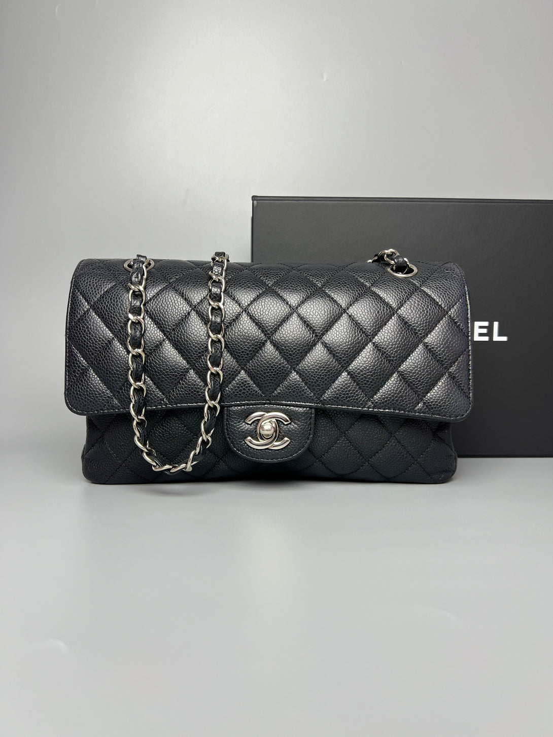 CHANEL Black Caviar Skin Classic Double Flap SHW Shoulder Bag - Reeluxs 