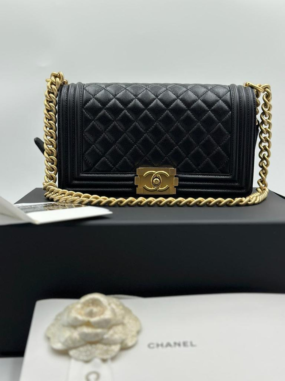 CHANEL BOY MEDIUM CAVIAR SKIN GHW (Full Complete Set) - Reeluxs 