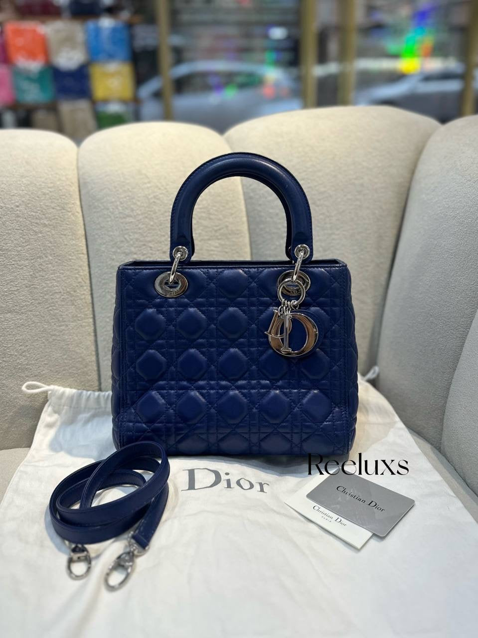 CHRISTIAN DIOR Blue Quilted Lambskin Medium Lady Dior Handbag