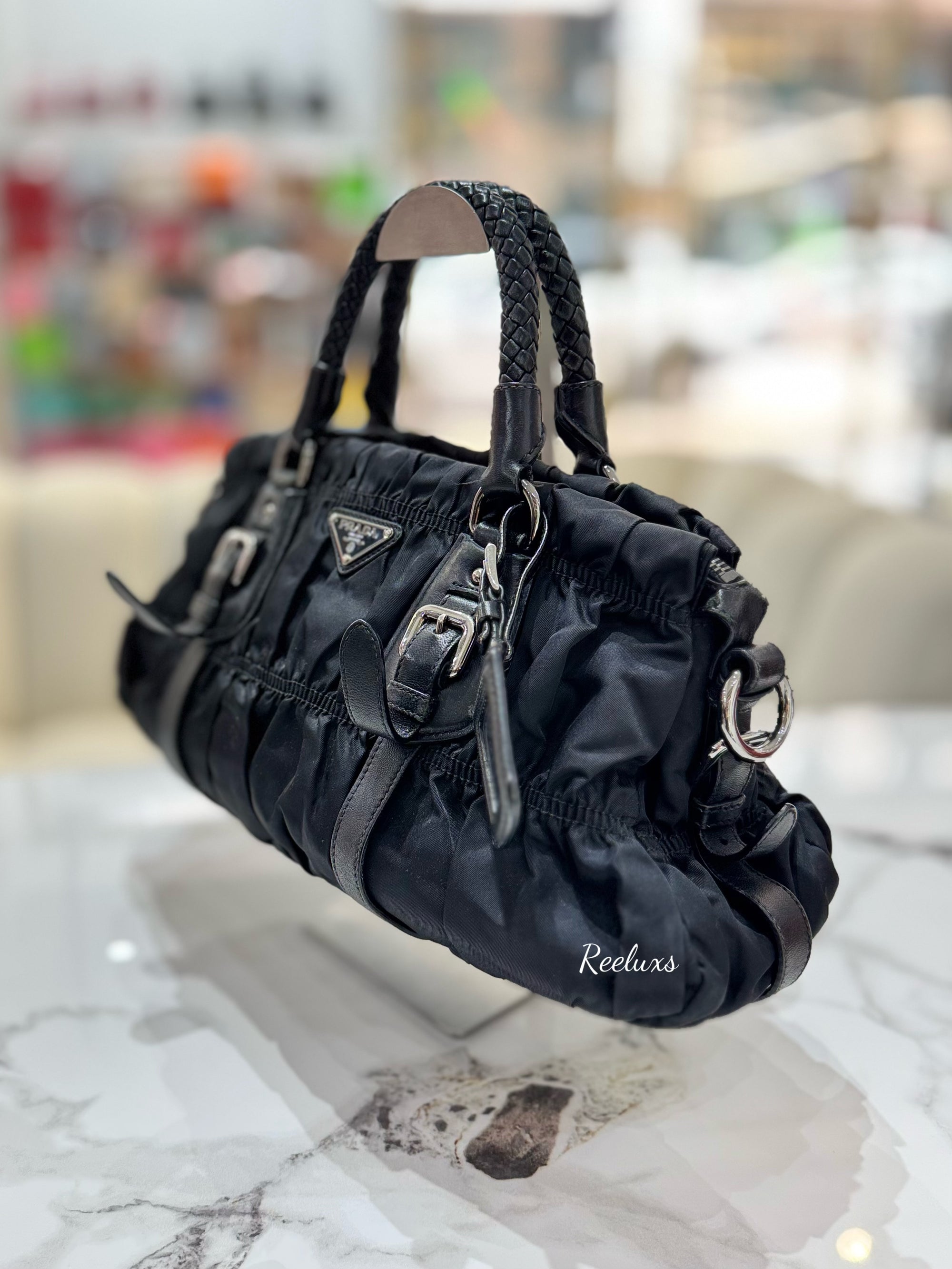 PRADA  Gathered Nylon Black Women's Shoulder Bag