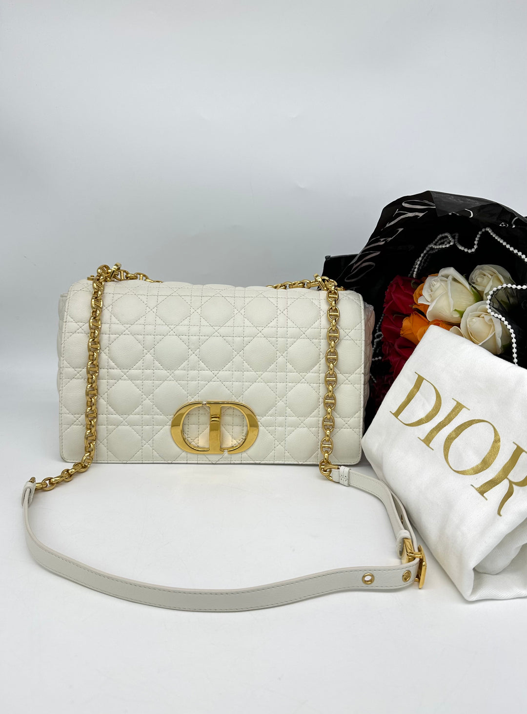 DIOR Women Large Dior Caro Bag Supple Cannage Calfskin-White