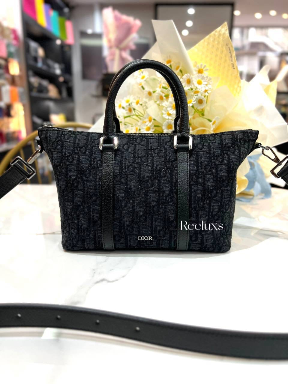 FULL SET  2024 DIOR Weekender 25 Black Dior Qblique Jacquard And Black Grained Calfskin Hand Bag / Shoulder Bag
