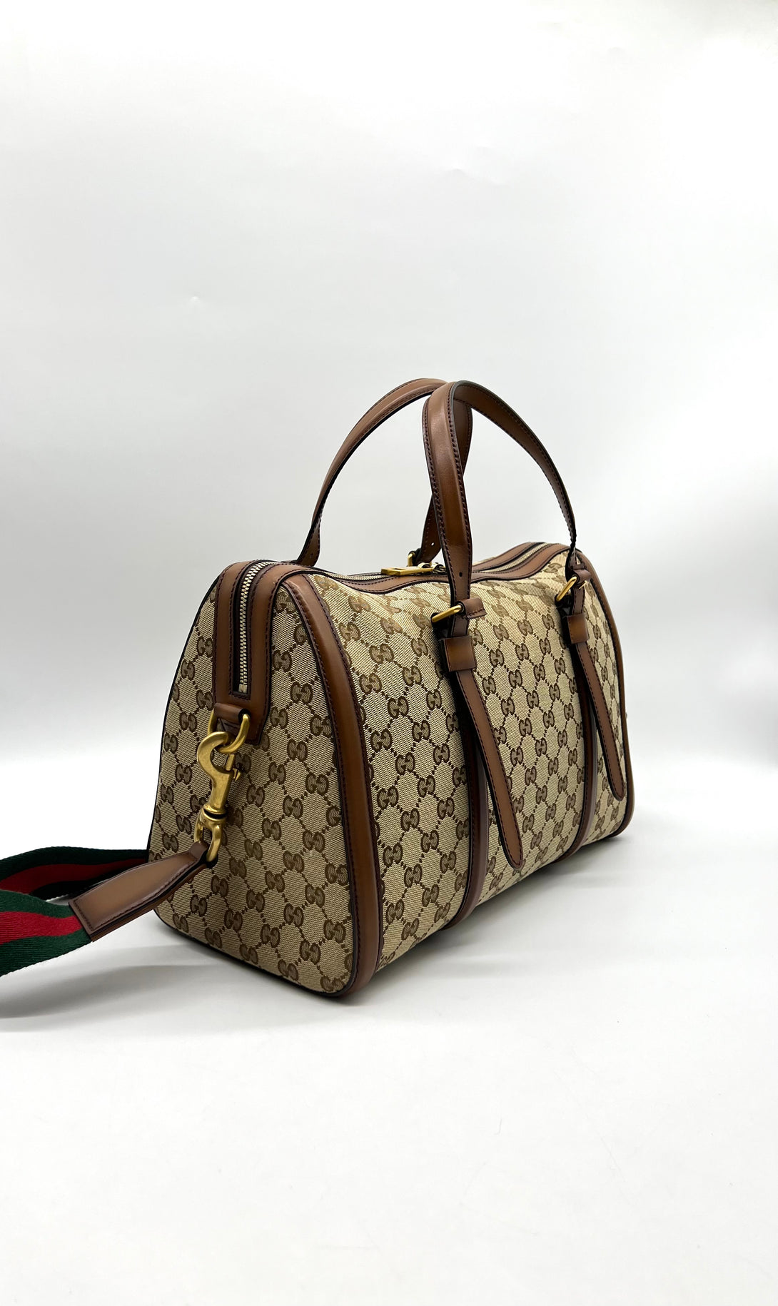 GUCCI Monogram Medium Lady Web Boston Bag Beige Cuir - Reeluxs 