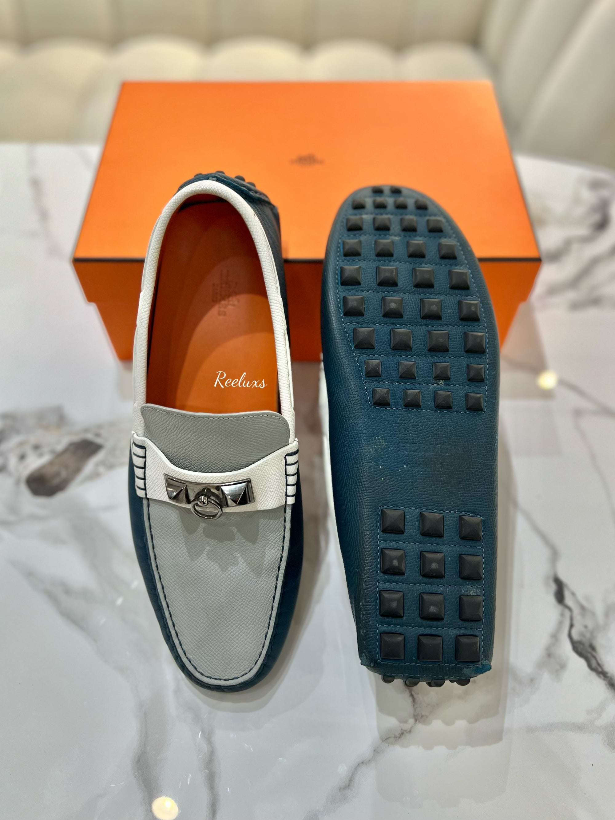 HERMES Epsom Mens Irving Driving Moccasin Loafers Bleu Glacier Blanc Colvert Size 43