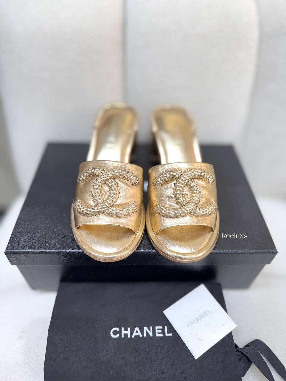 Chanel Gold Leather CC Slide Sandals