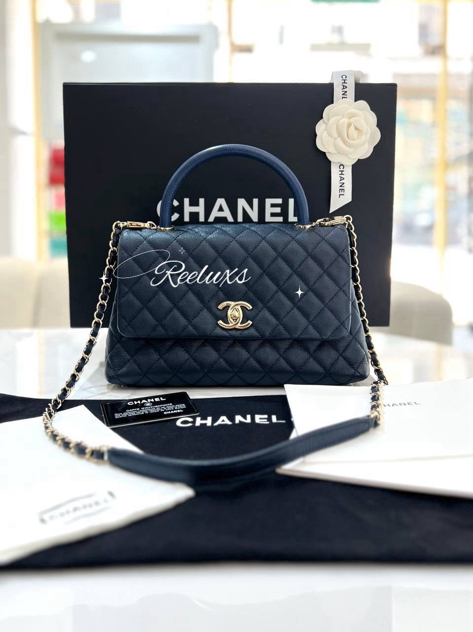 FULL SET CHANEL Coco Handle Bag In Navy Blue Quilted Caviar Leather