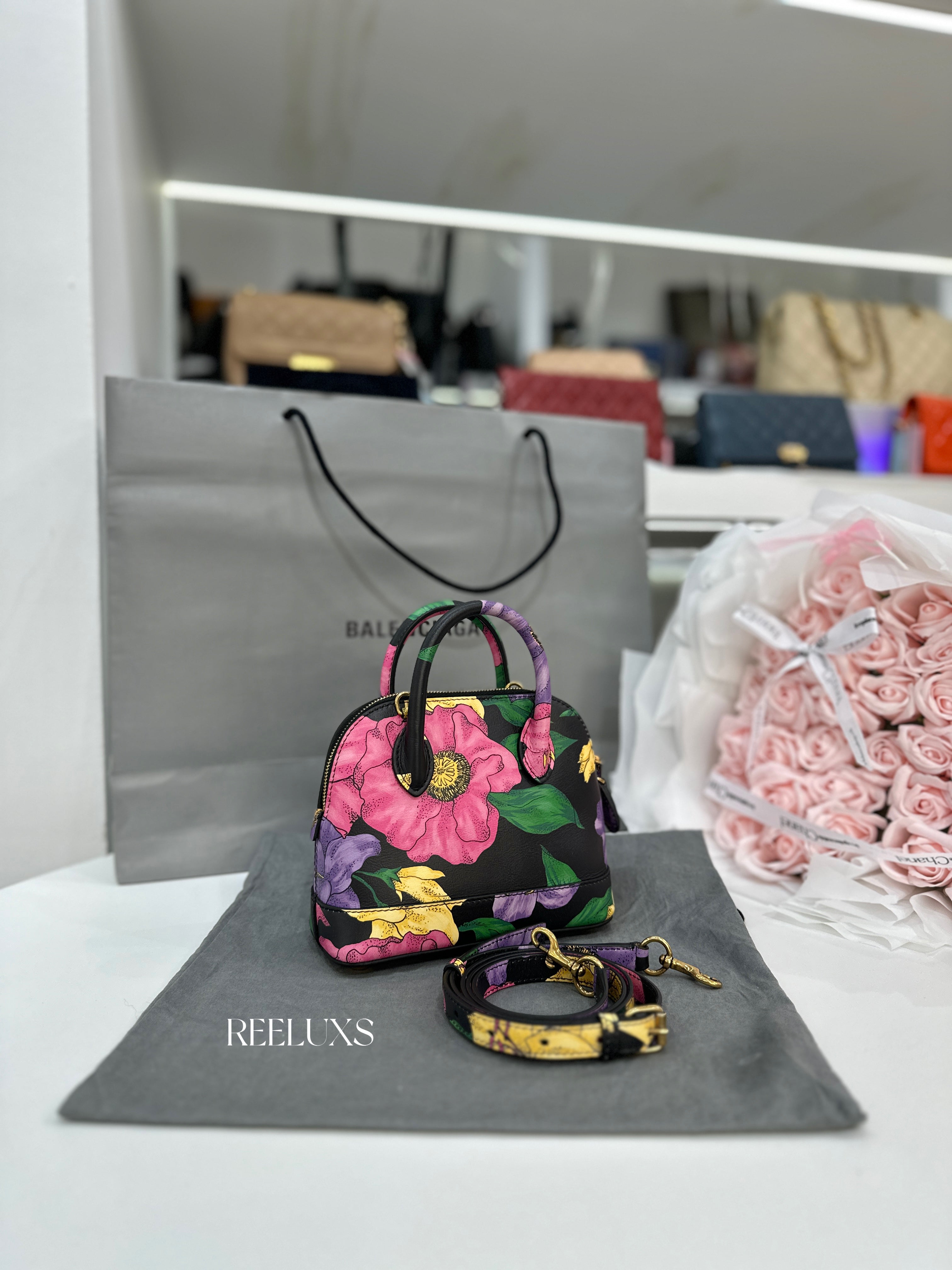 Balenciaga Ville  Multi-Color Lush Floral Print Top Handle Bag