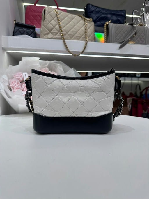 Full Set CHANEL Small Gabrielle Hobo Quilted Calfskin Black White Bag