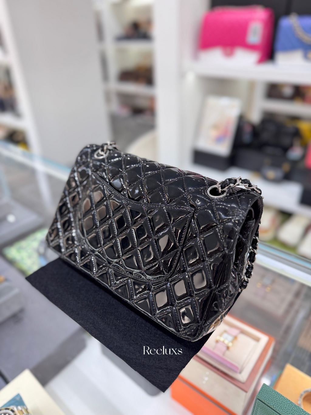 CHANEL Black Quilted Patent Leather Classic Medium Double Flap Bag