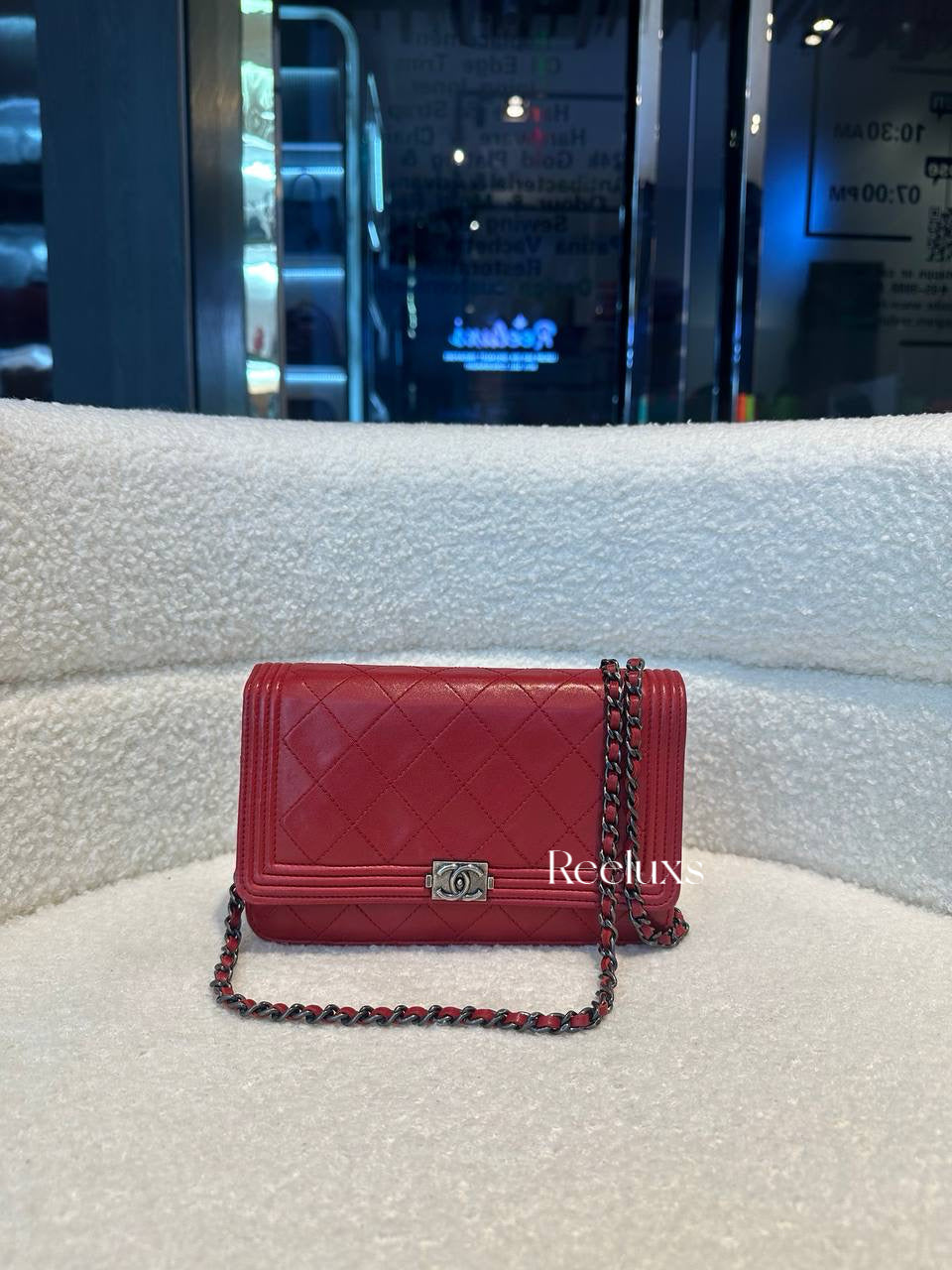 CHANEL Red Lambskin  Boy Wallet On Chain