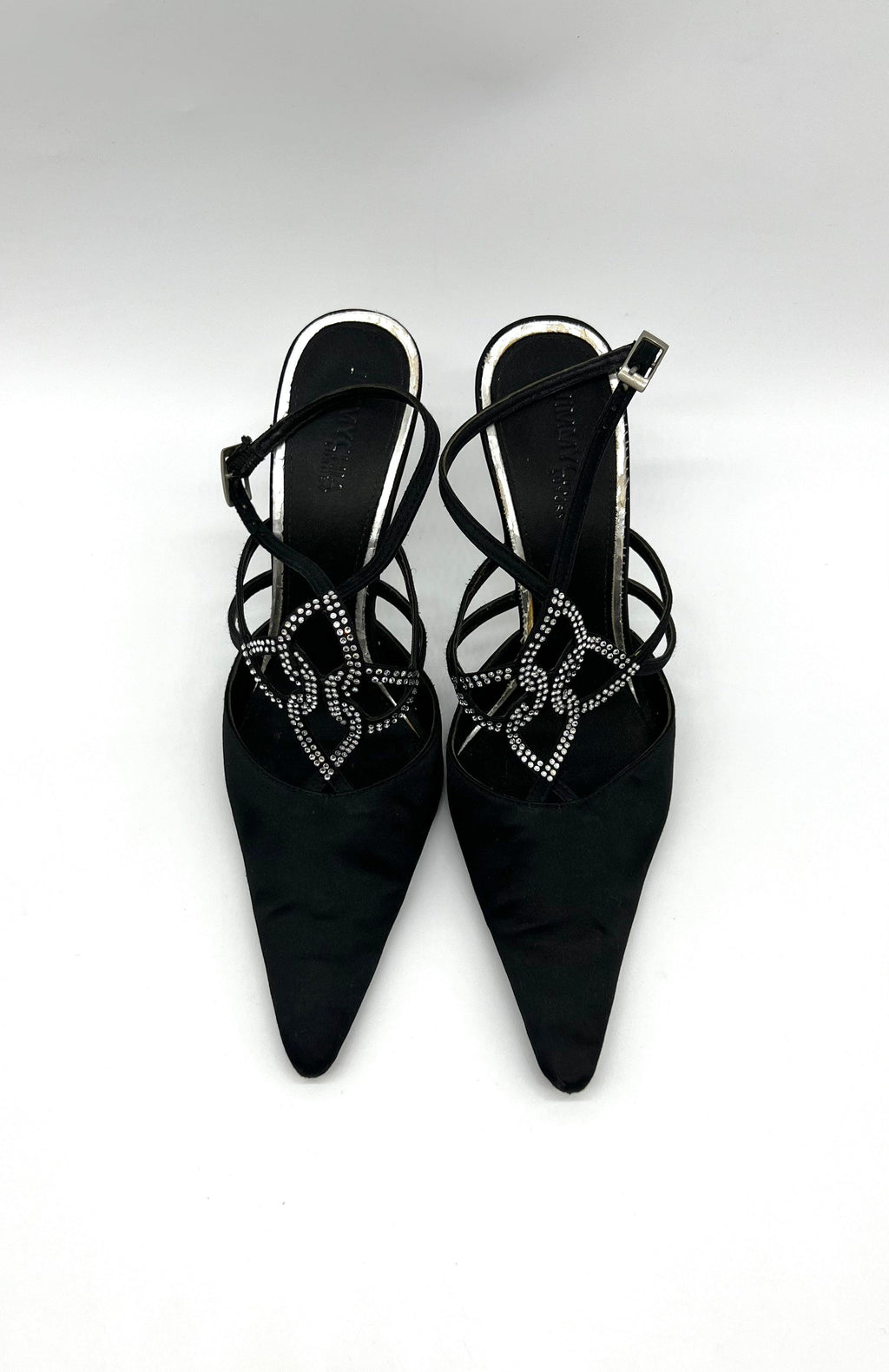 JIMMYCHIA Black Satin and Crystal Strappy Sandals - Reeluxs 