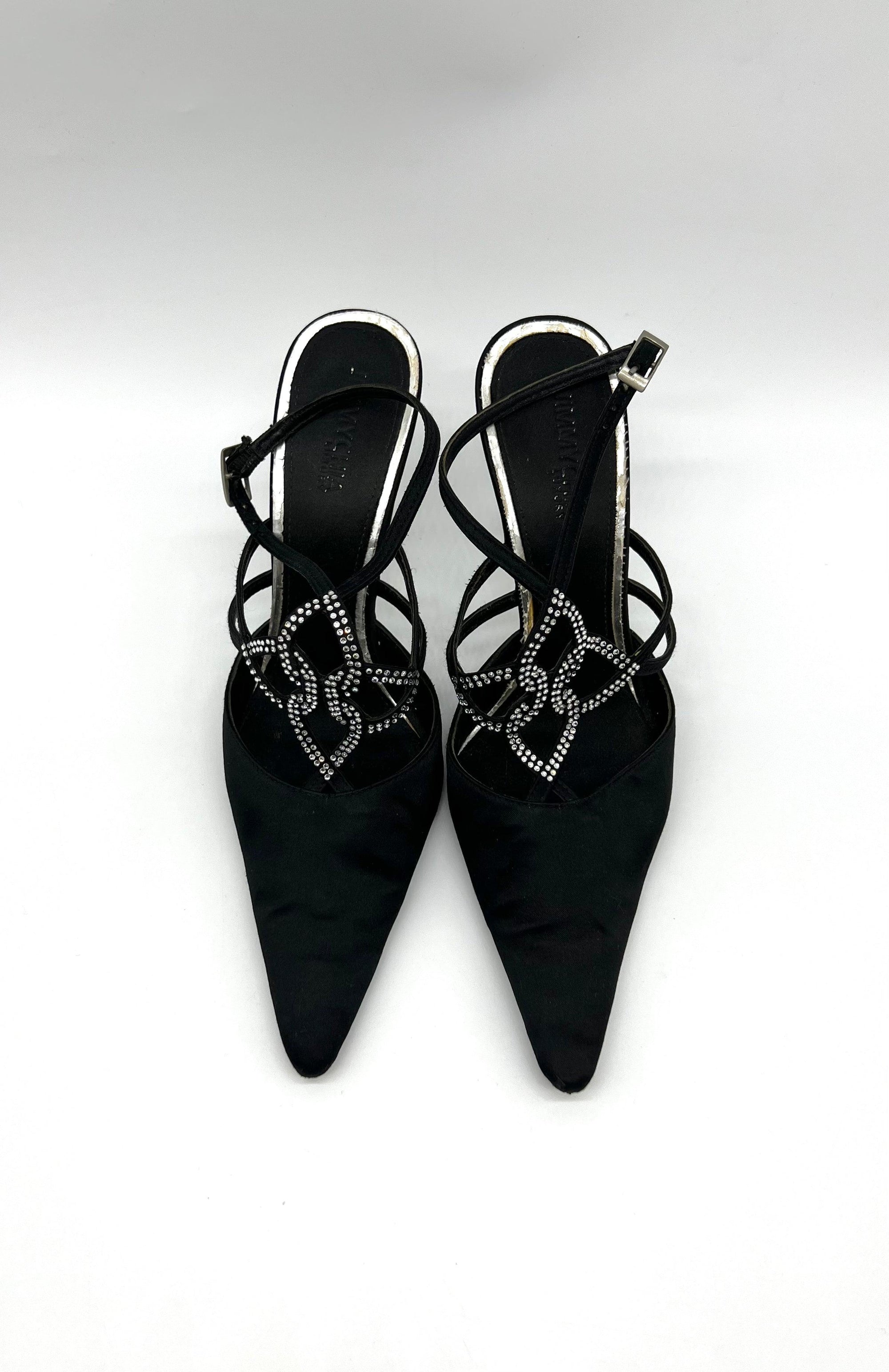 JIMMYCHIA Black Satin and Crystal Strappy Sandals - Reeluxs 