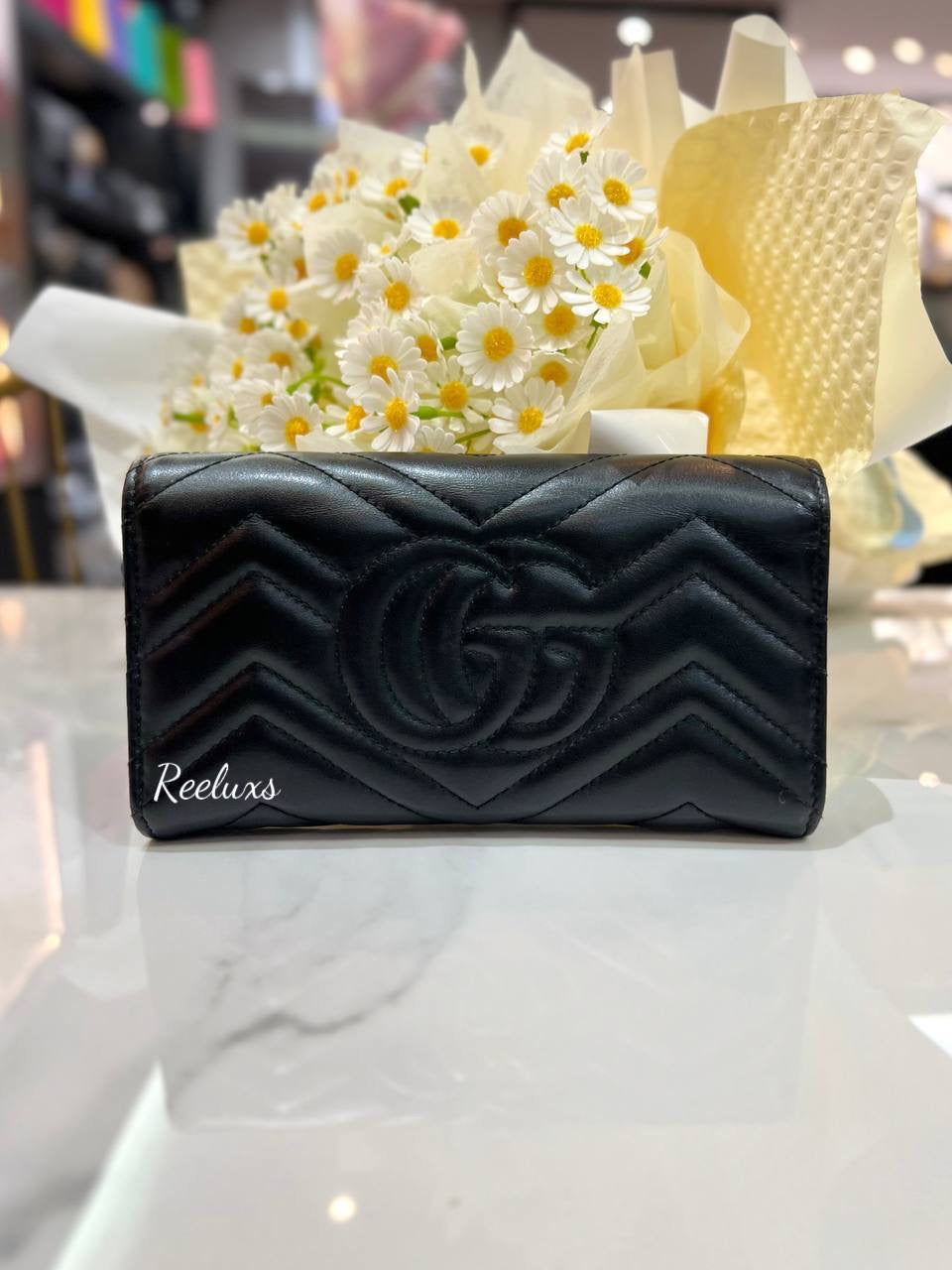 FULL SET GUCCI GG Marmont Leather Black Long Wallet