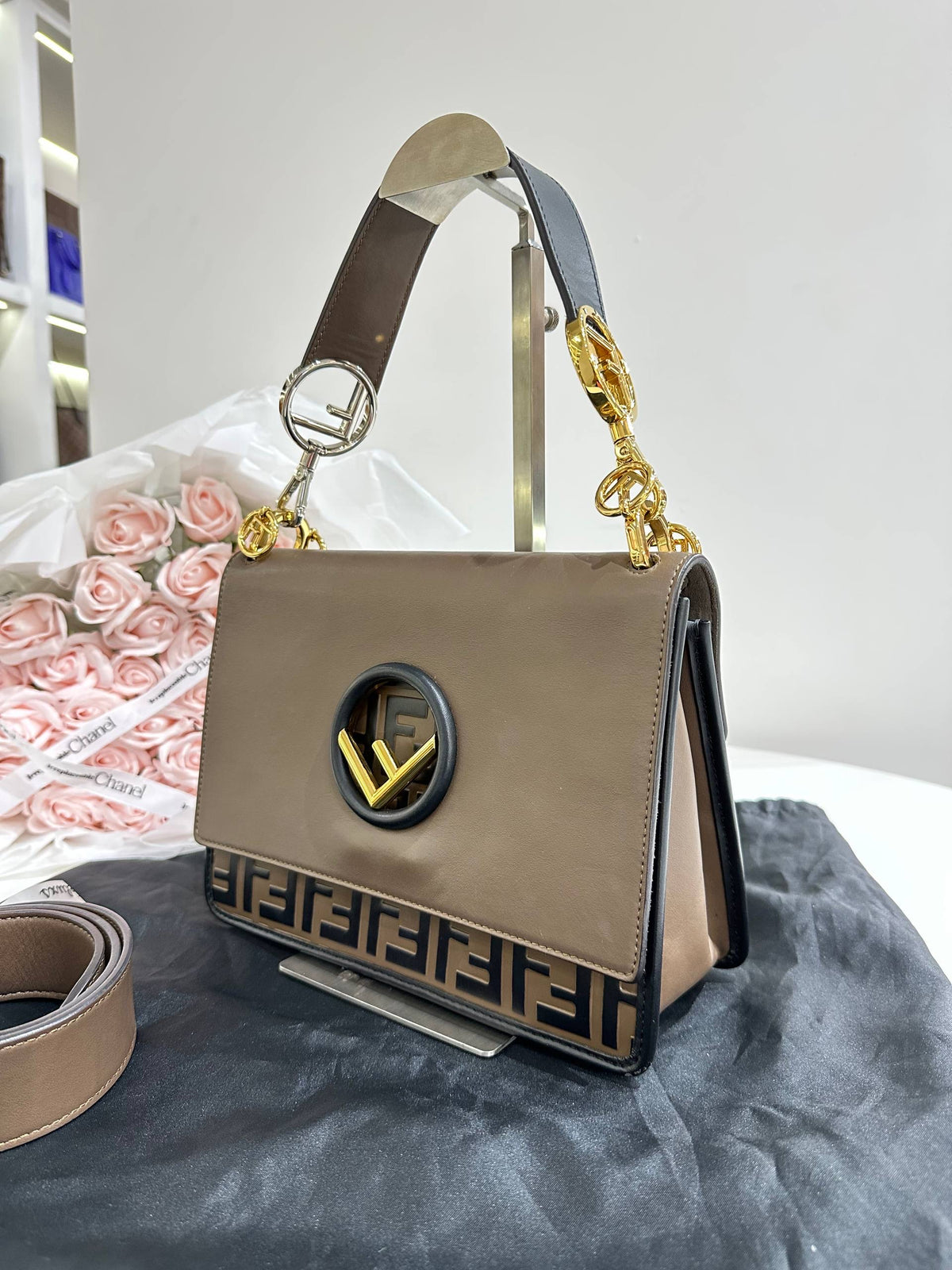 FENDI Kan I F Shoulder Bag in Taupe Brown Leather with FF Zucca Embossed Detail