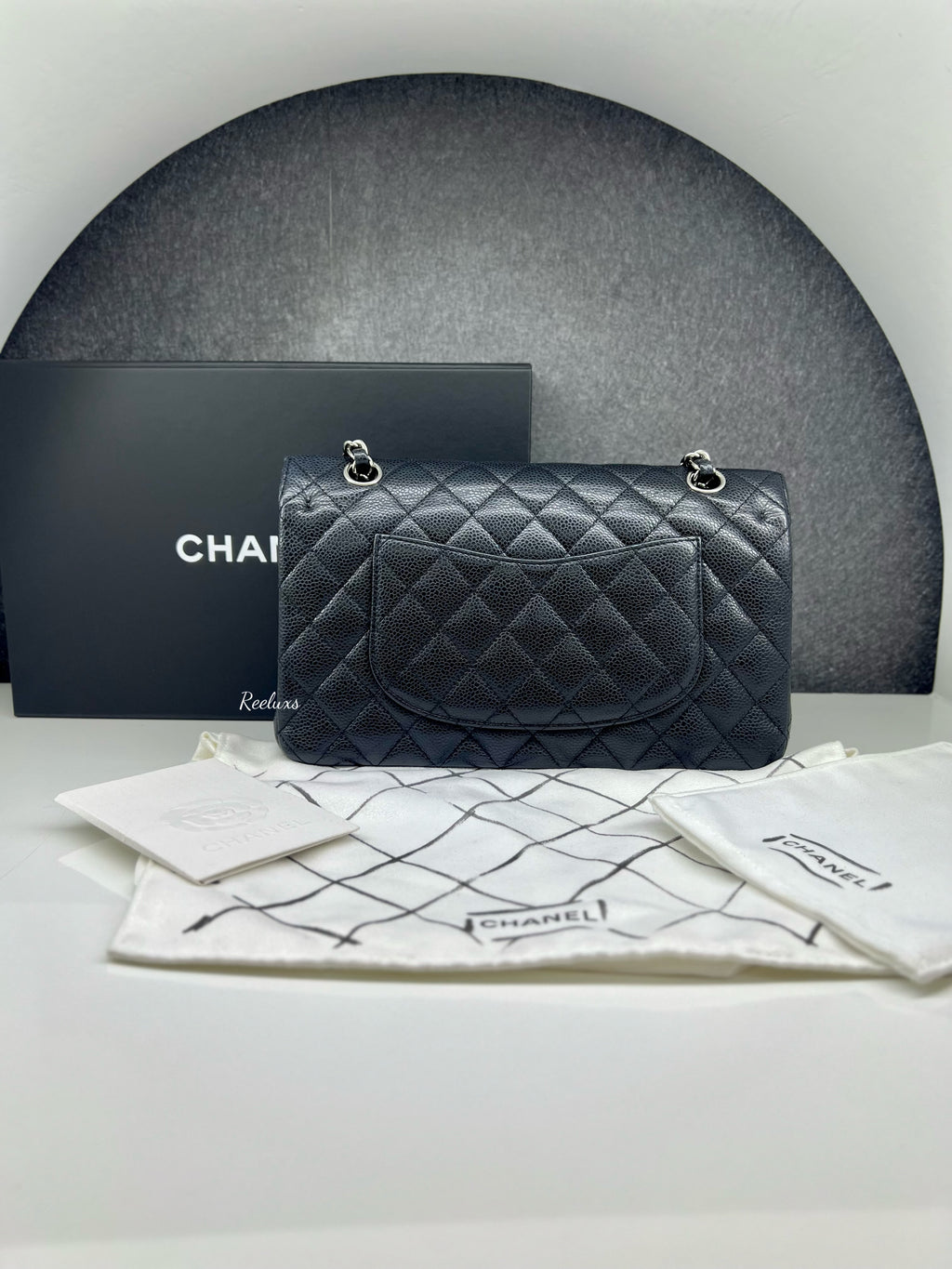 CHANEL Black Caviar Skin Classic Double Flap SHW Shoulder Bag