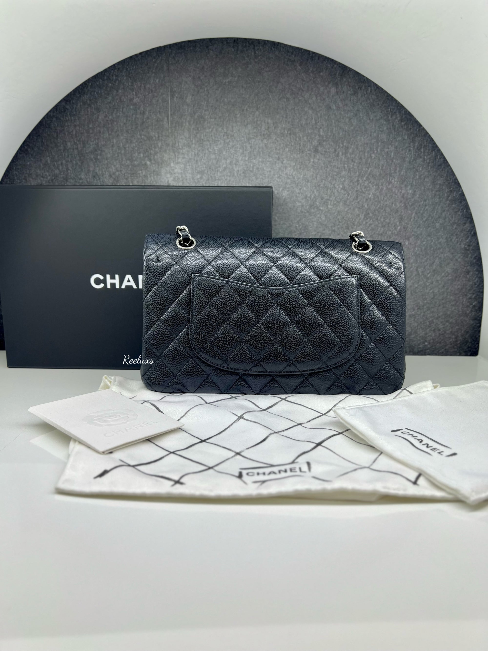 CHANEL Black Caviar Skin Classic Double Flap SHW Shoulder Bag