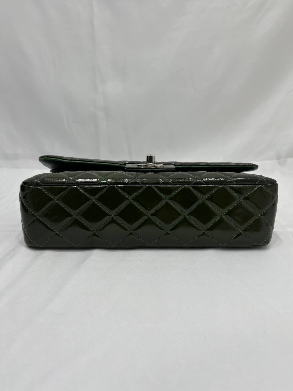 CHANEL Green Quilted Patent Leather Classic Medium Double Flap Bag