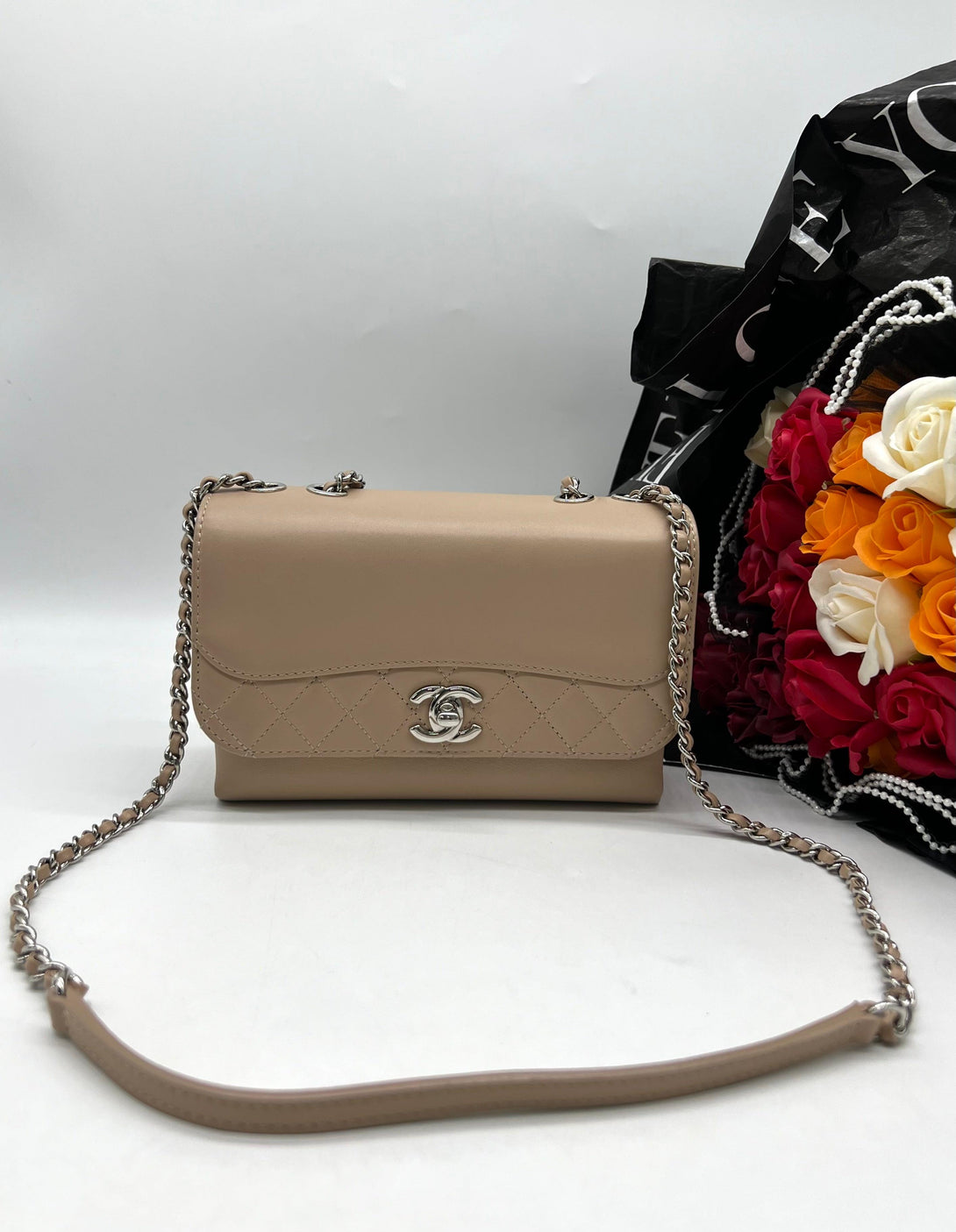 CHANEL Calfskin Small Tramezzo Flap Beige For Lady Sling Bag - Reeluxs 