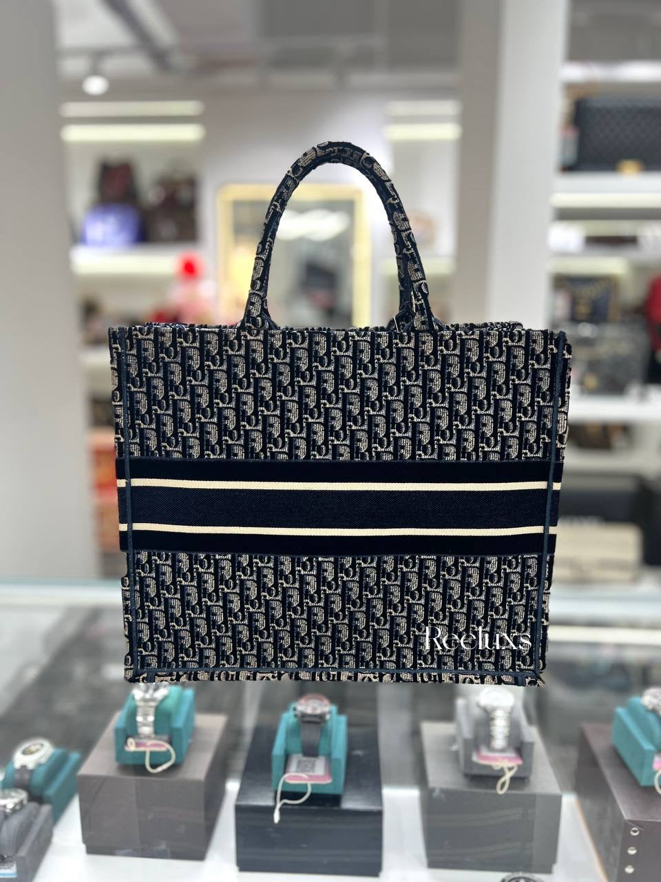 CHRISTIAN DIOR Large Dior Book Tote Blue Oblique Embroidery