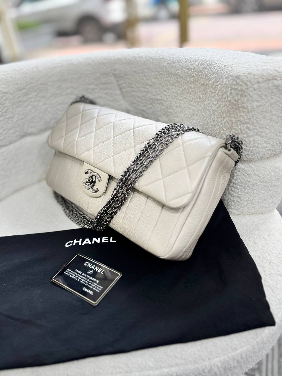 CHANEL Light Beige Grey Calfskin Single Flap Silver Hardware Shoulder Bag