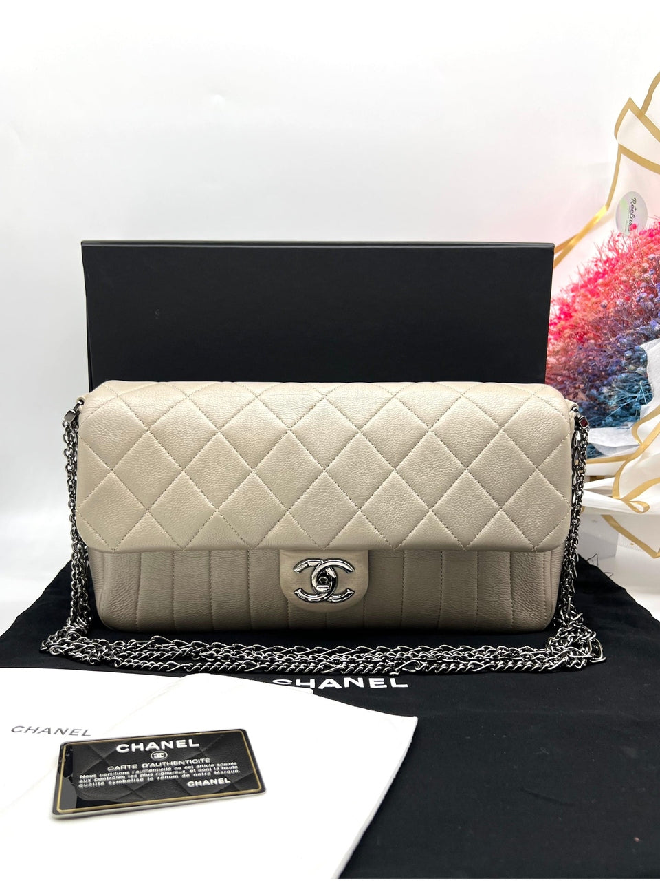 CHANEL Light Beige Grey Calfskin Single Flap Silver Hardware Shoulder Bag - Reeluxs 